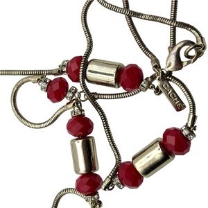 Estate Jewelry Cache Red Beaded Silver Tone Chain Long Necklace Vintage